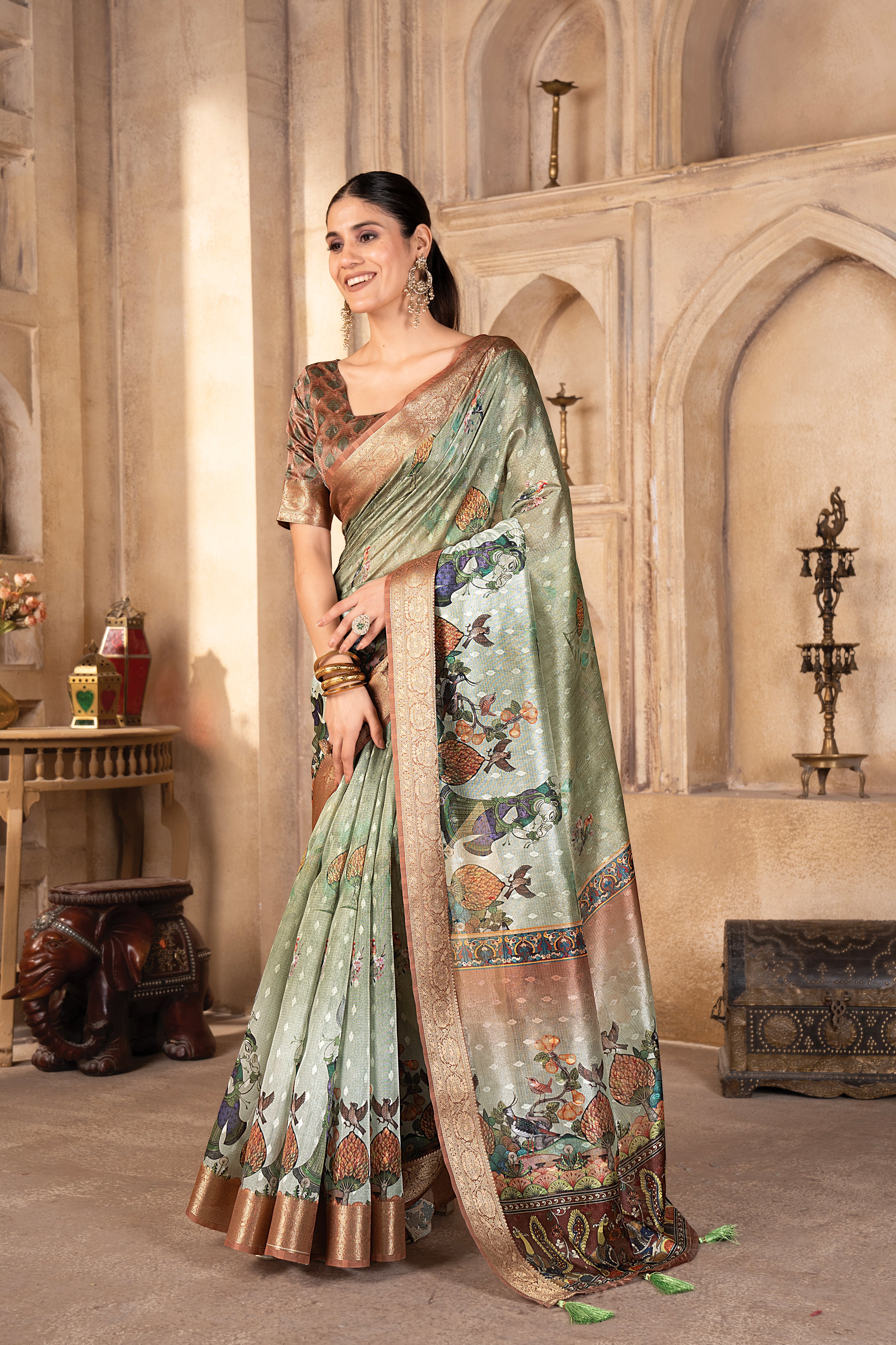 Pista Green Tussar Silk Figure Print Saree